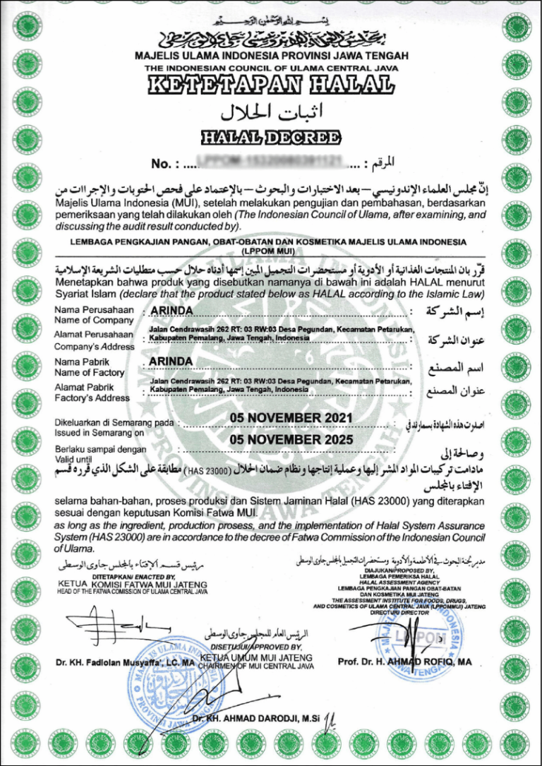 Sertifikat Halal Arinda Food Indonesia