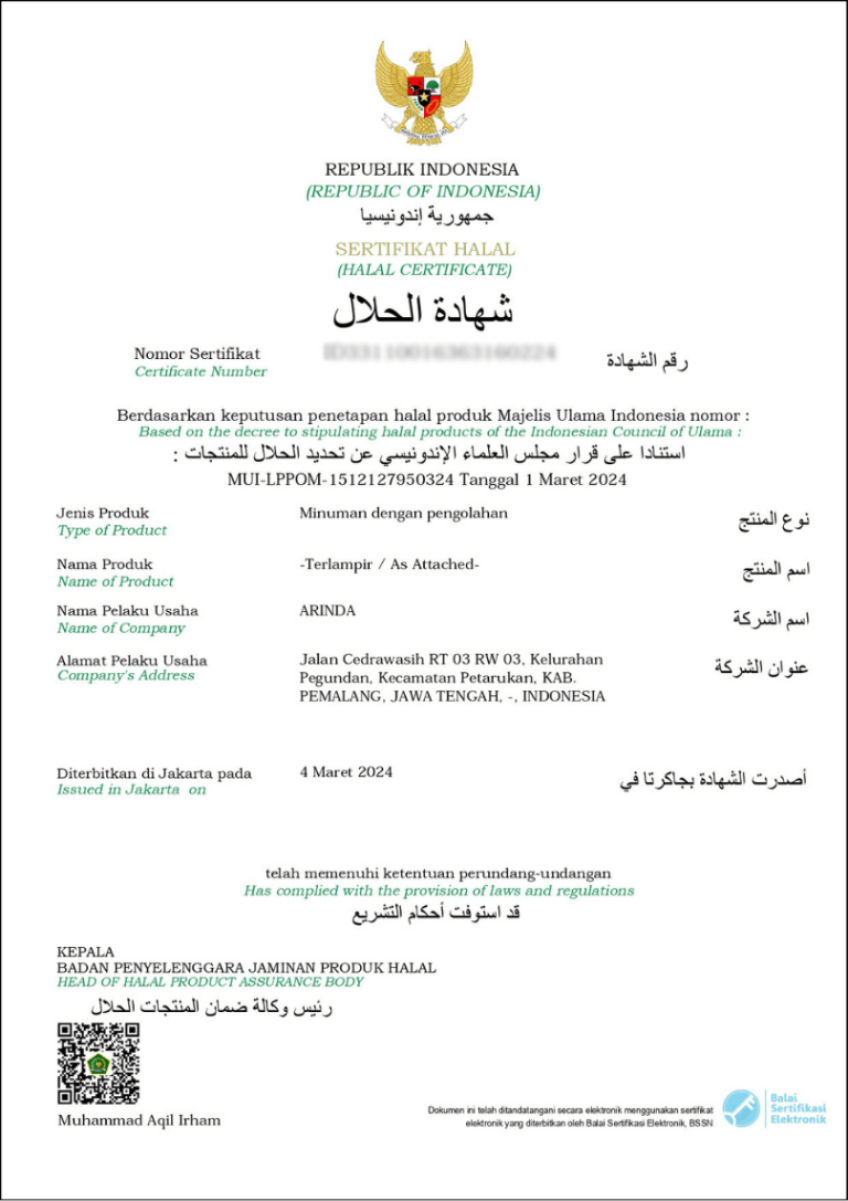 Sertifikat Halal Arinda Food Indonesia