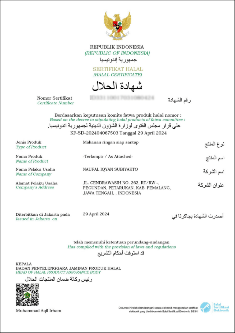 Sertifikat Halal Arinda Food Indonesia