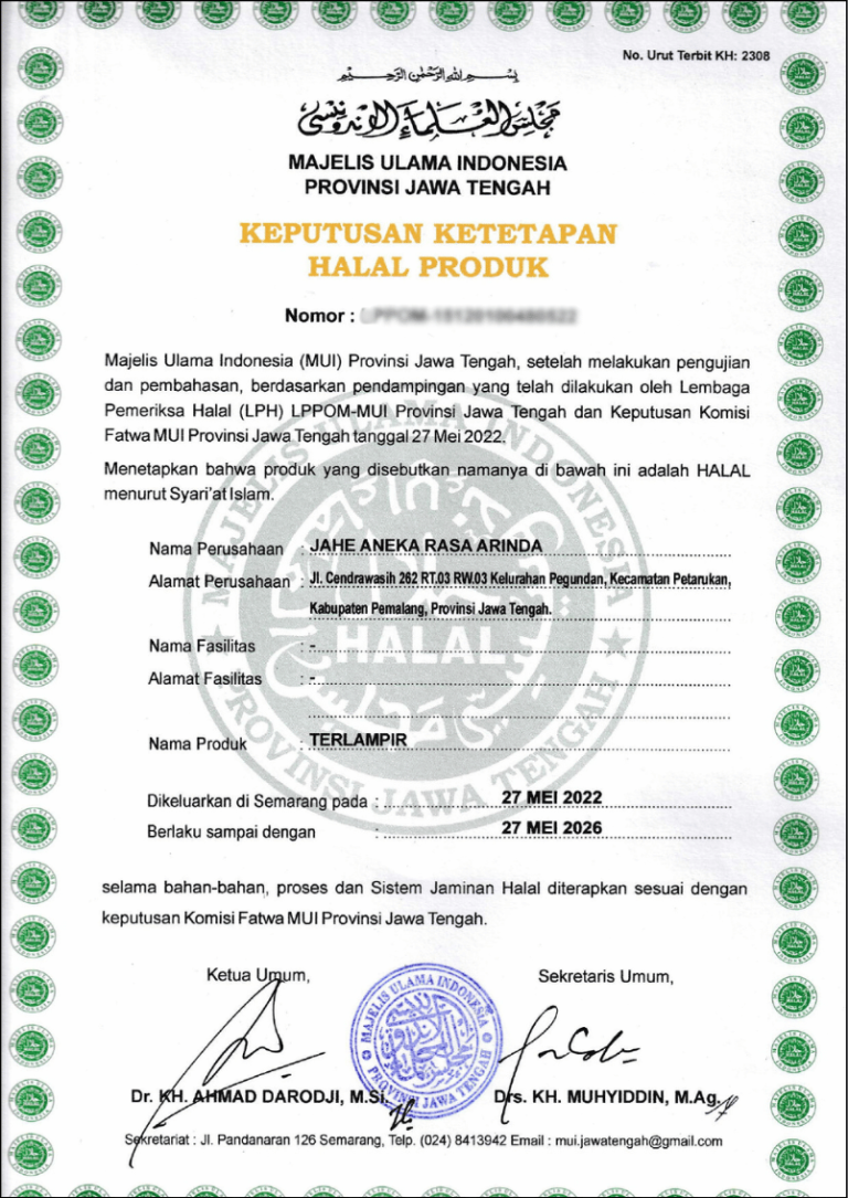 Sertifikat Halal Arinda Food Indonesia